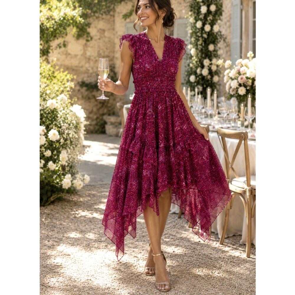 Ulla Johnson 0 Silk Midi Ressie Dress $675 Asymmetric Scarf Hem Sumac NWT